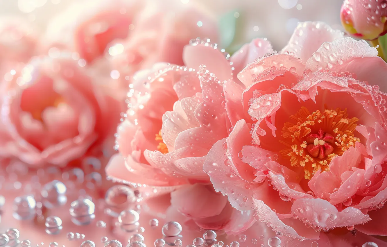 Photo wallpaper water, drops, macro, flowers, table, birthday, holiday, moisture