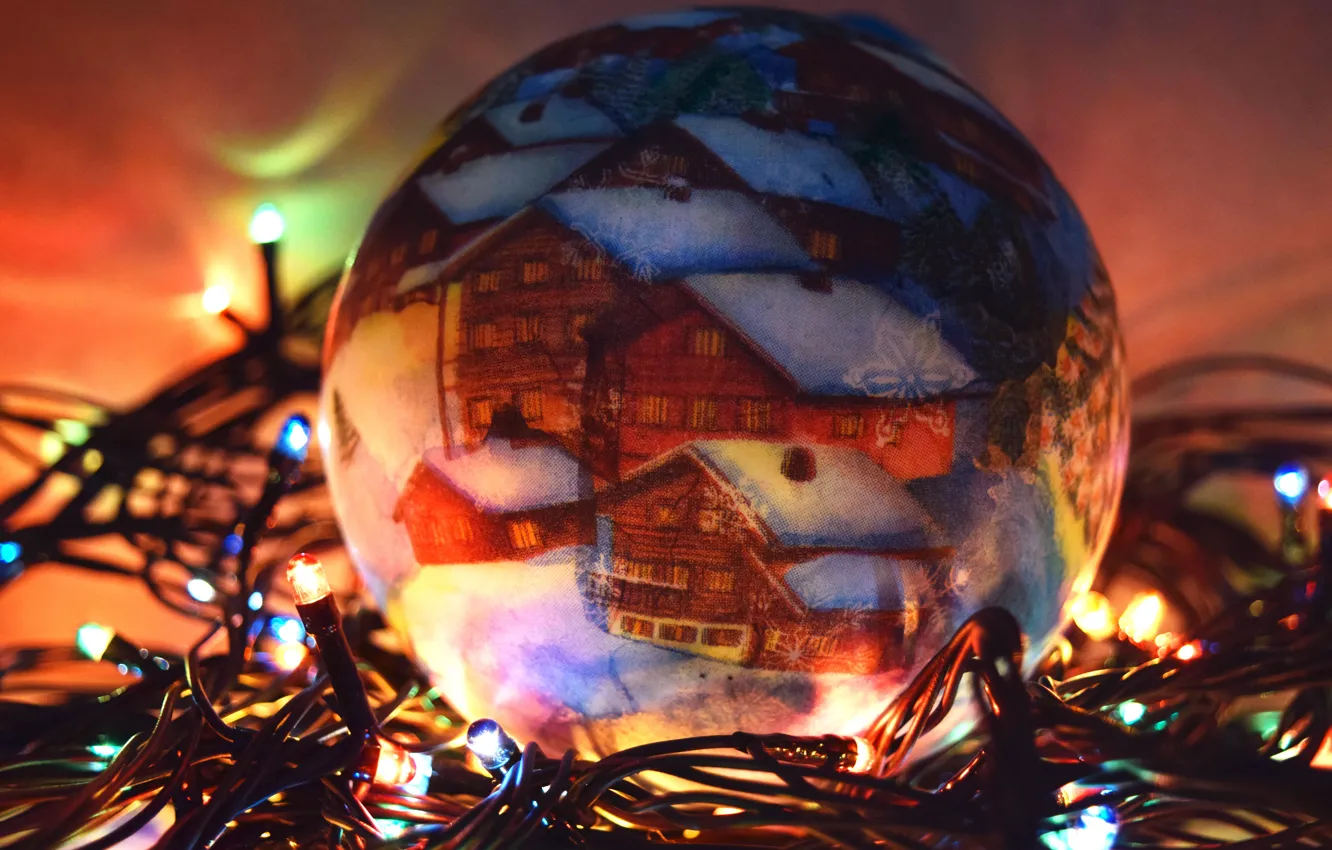 Photo wallpaper new year, Christmas toy, shirokoformatnye, lights garland, ball toy