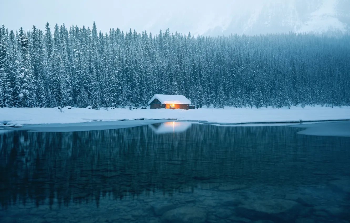 Photo wallpaper winter, forest, water, nature, house