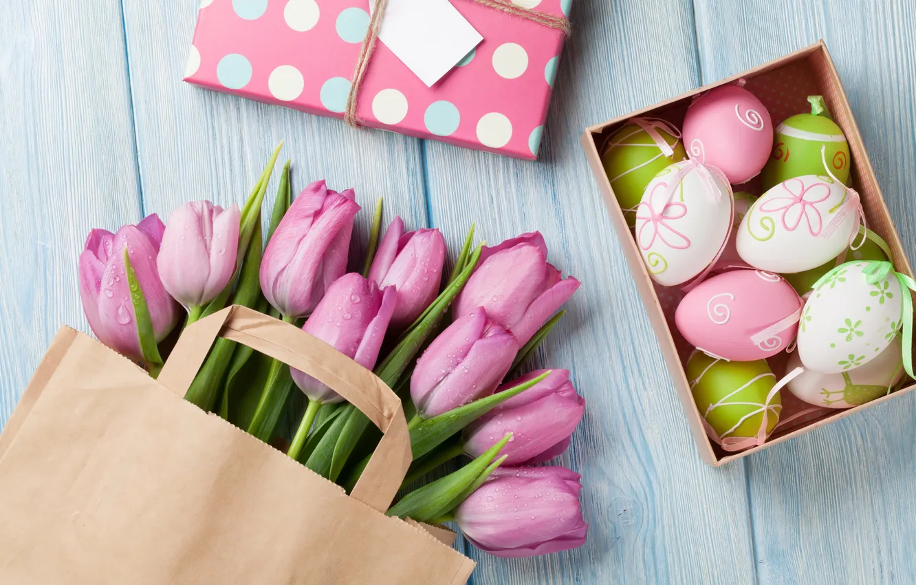 Photo wallpaper flowers, eggs, bouquet, spring, colorful, Easter, tulips, pink