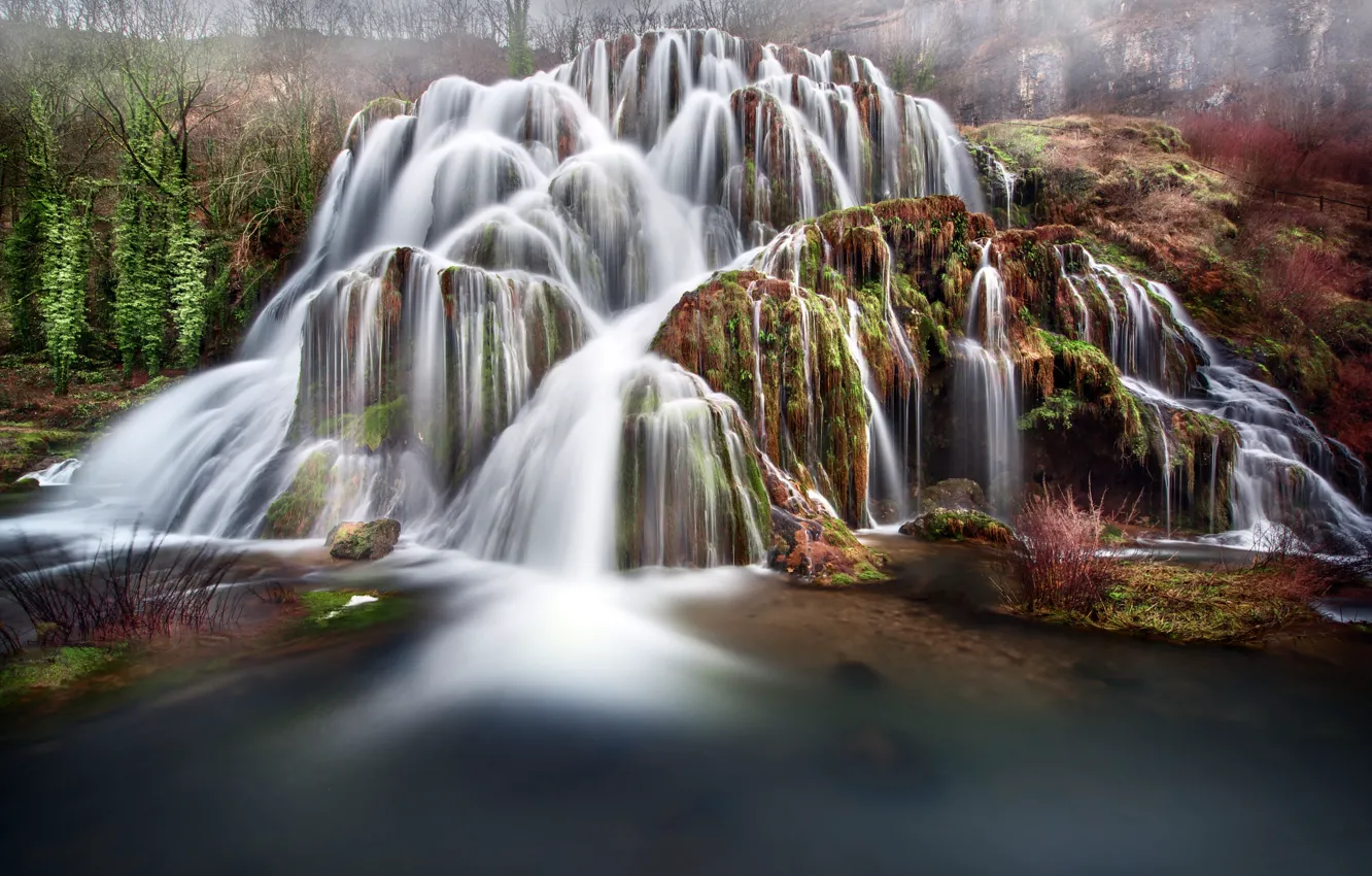 Photo wallpaper forest, rocks, waterfall, cascade