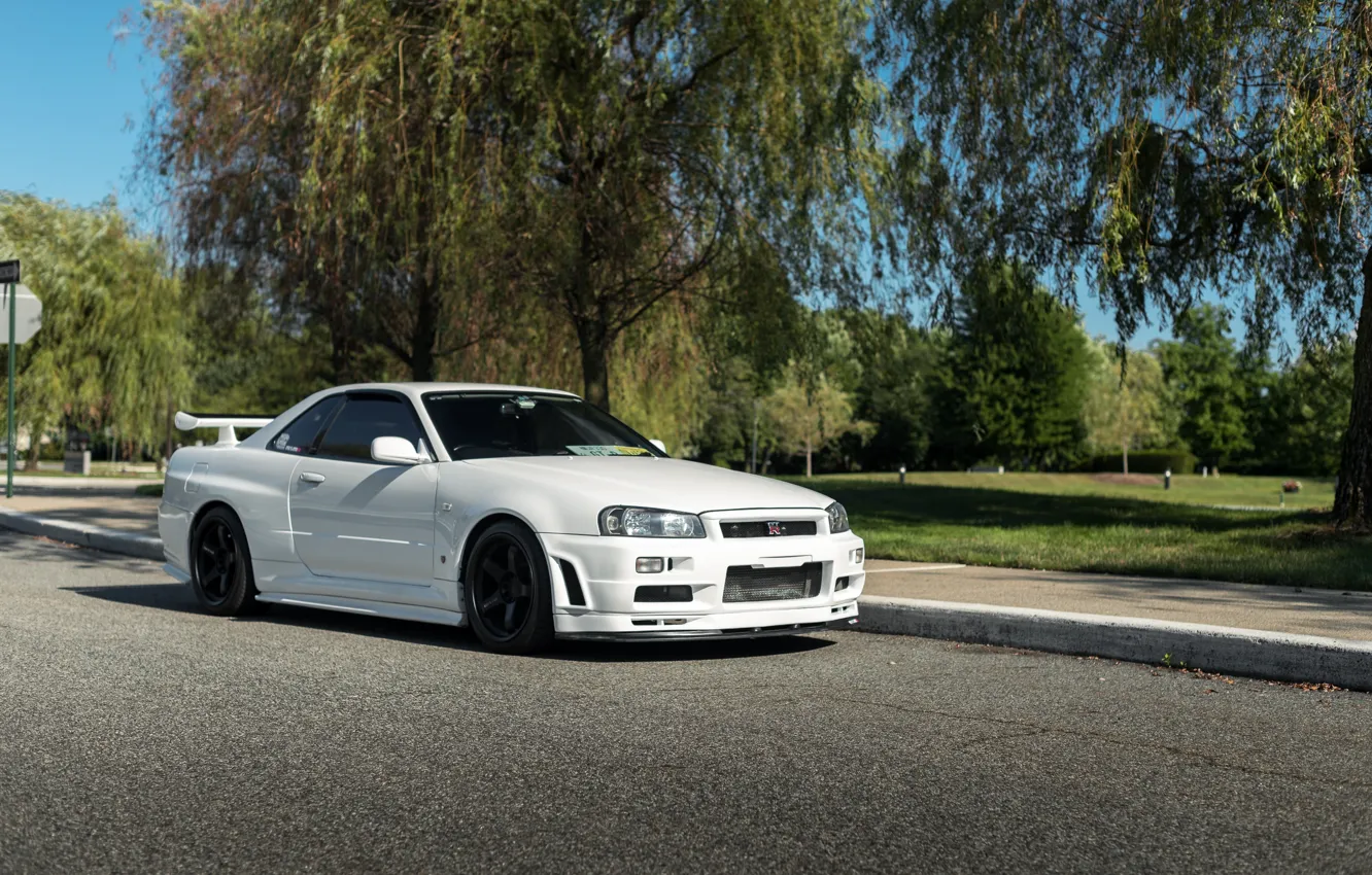 Photo wallpaper GT-R, White, Street, R34, Trees