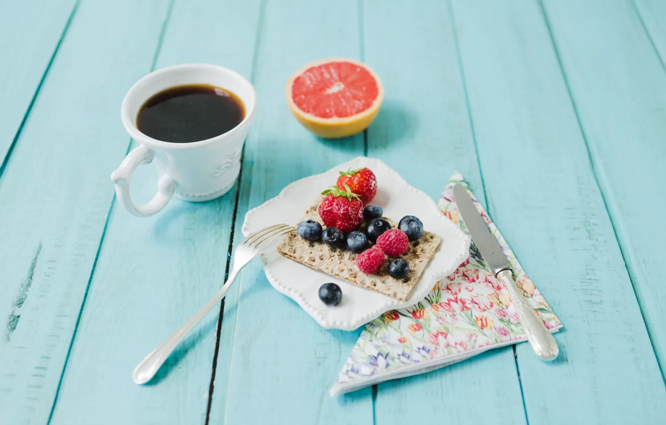 Photo wallpaper berries, coffee, Breakfast, citrus, bread