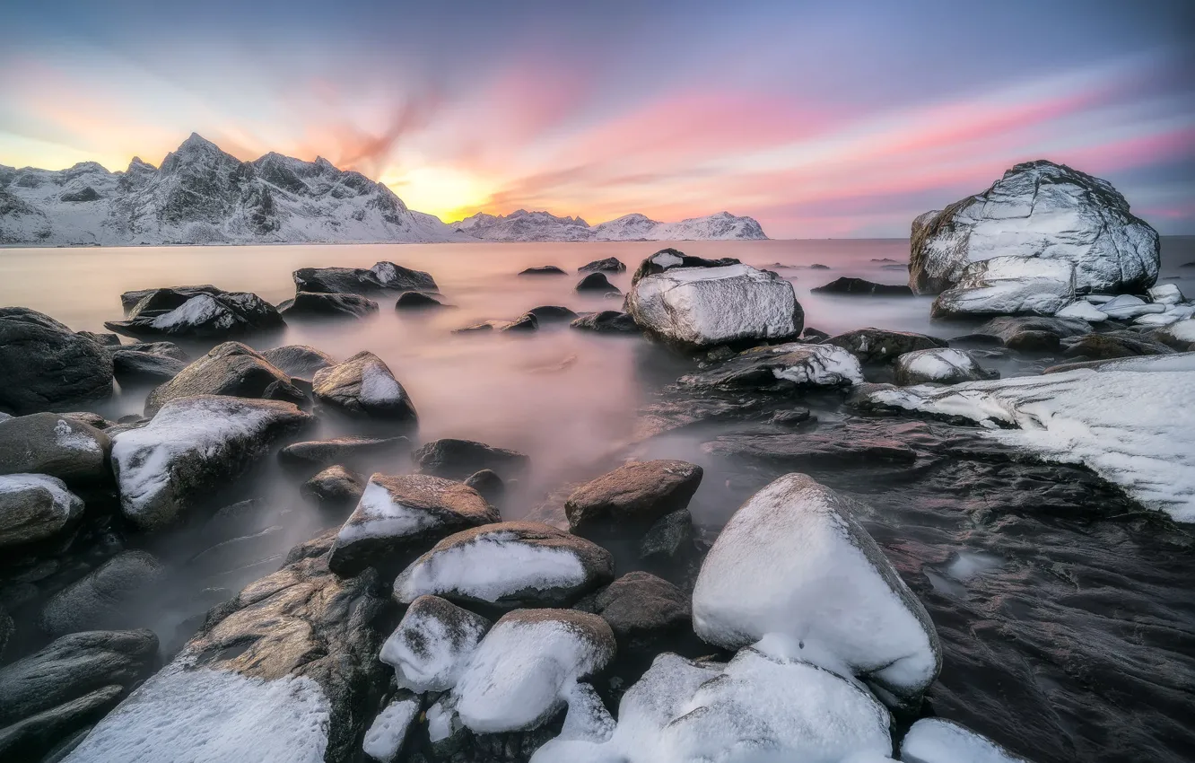 Photo wallpaper winter, the sky, water, the sun, clouds, light, snow, mountains