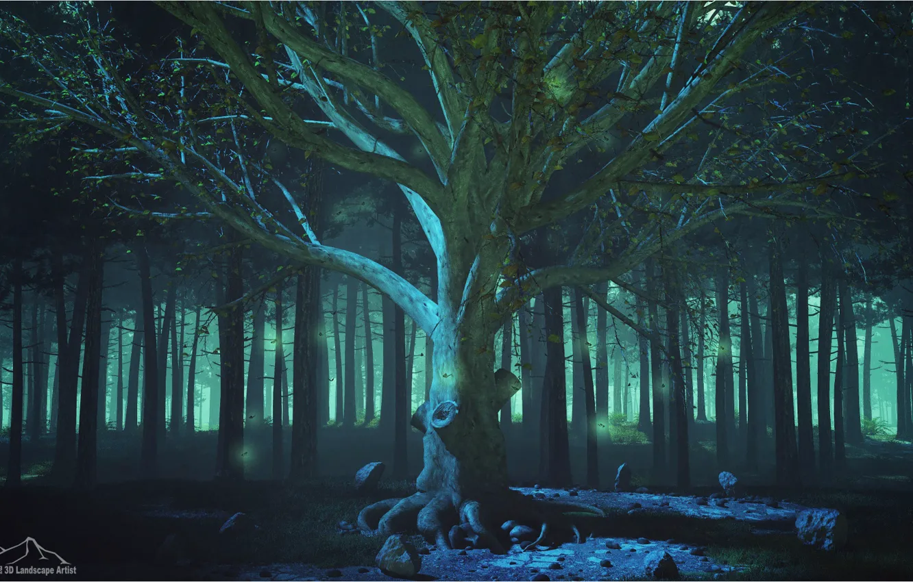 Photo wallpaper forest, butterfly, fog, tree, 3d graphics, 3DLandscapeArtist