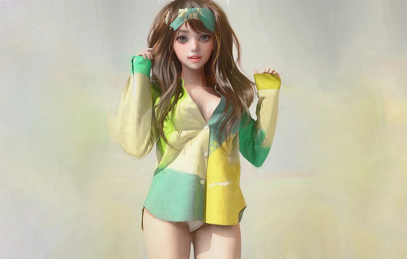 Photo wallpaper girl, sexy, lingerie, cleavage, blouse, panties, long hair, boobs