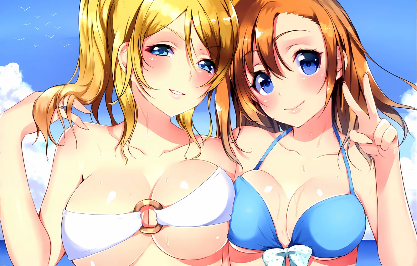 Photo wallpaper sexy, wet, cleavage, sky, long hair, sea, girls, brown hair