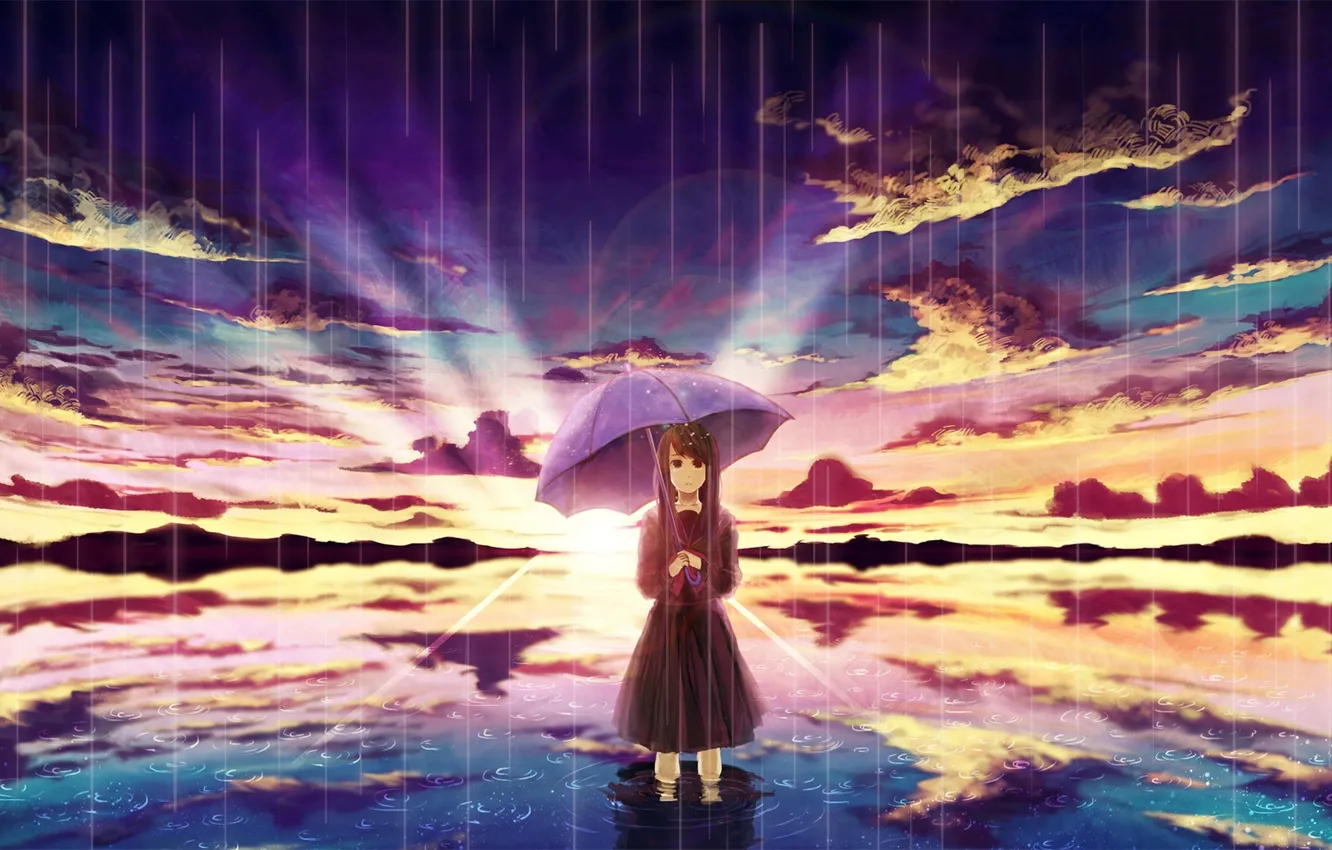 Photo wallpaper the sky, water, girl, the sun, clouds, sunset, reflection, rain