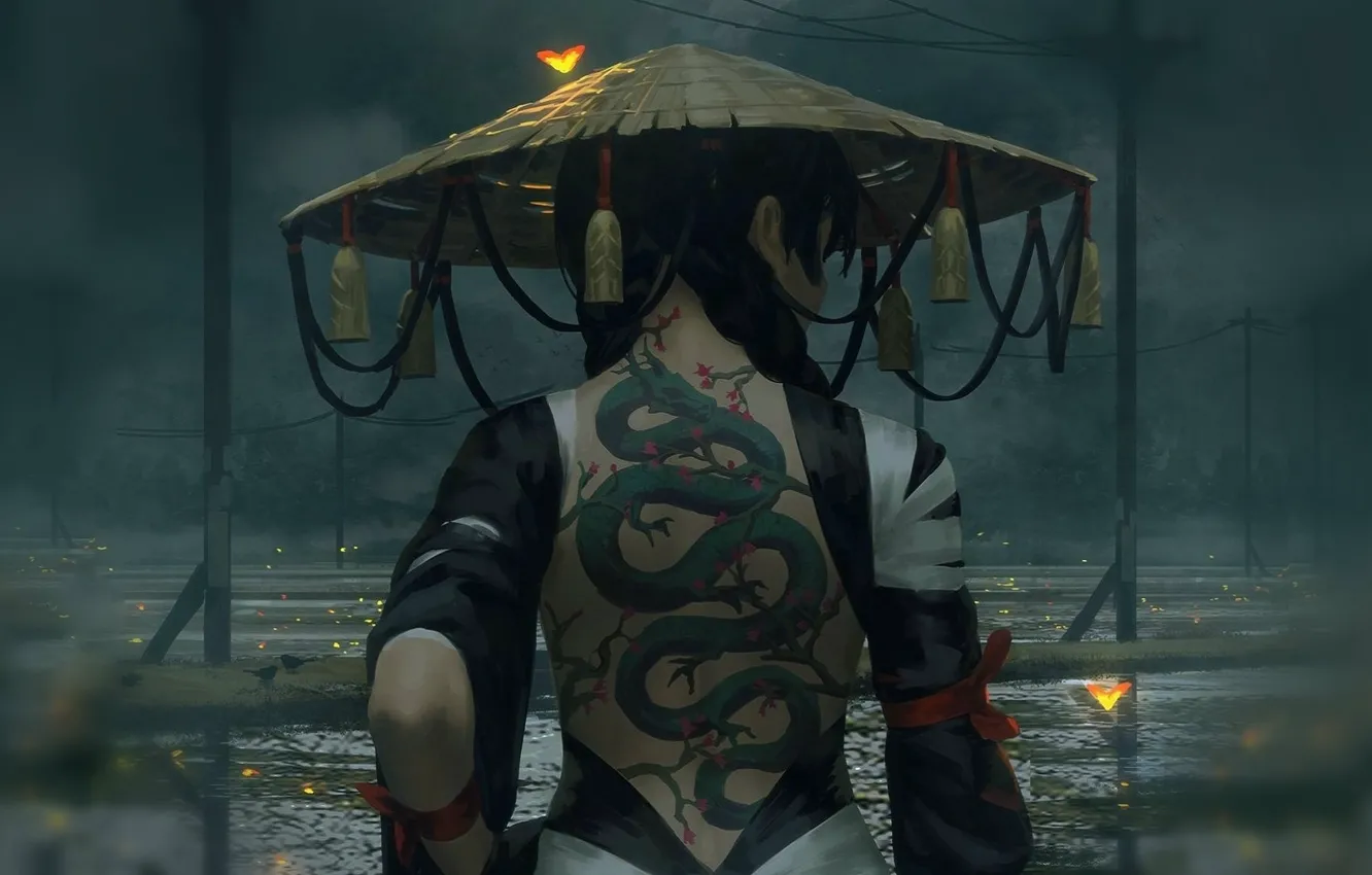 Photo wallpaper girl, overcast, back, puddles, ninja, grey background, braids, tattoo dragon