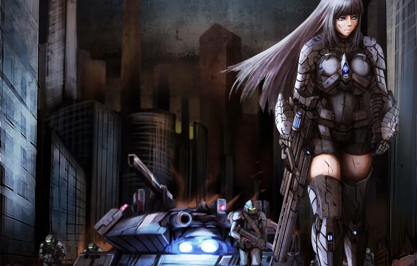 Photo wallpaper look, hopelessness, girl, the city, weapons, soldiers, costume, destruction