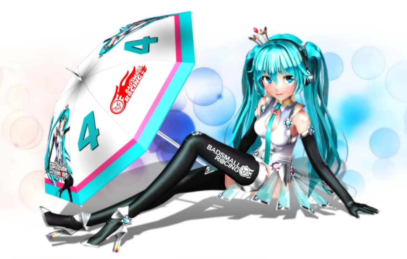 Photo wallpaper girl, umbrella, crown, headphones, art, microphone, vocaloid, hatsune miku