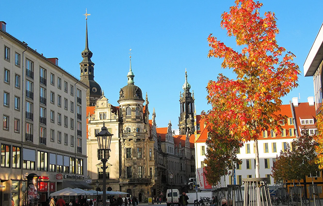 Photo wallpaper autumn, the sky, trees, street, tower, home, Germany, Dresden