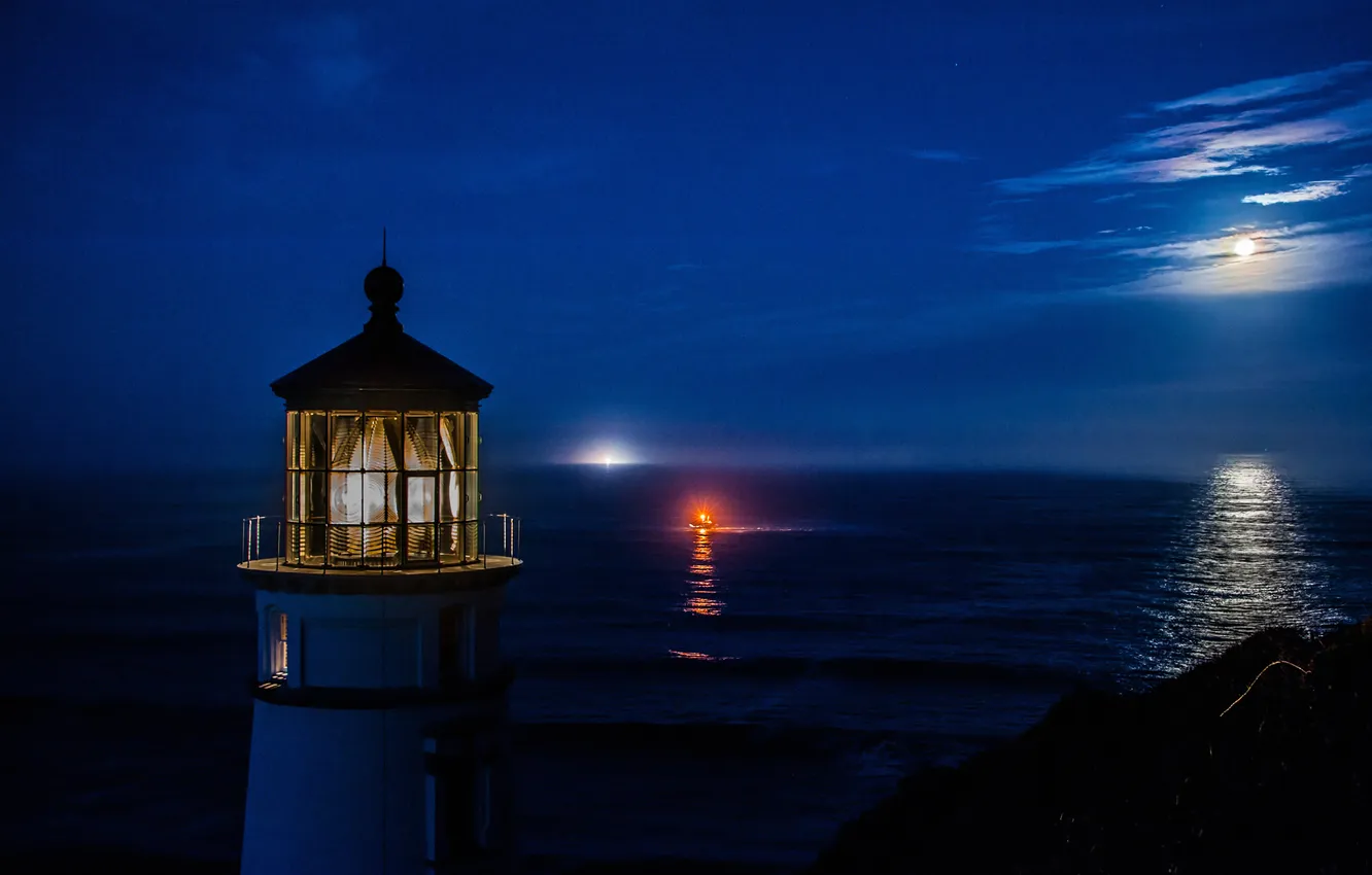 Photo wallpaper sea, the sky, night, lights, the moon, lighthouse