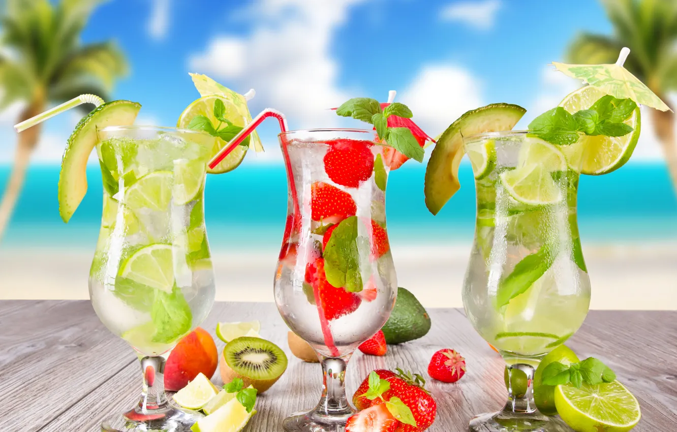 Photo wallpaper summer, beach, drink, cocktail, fruits, palms, tropical
