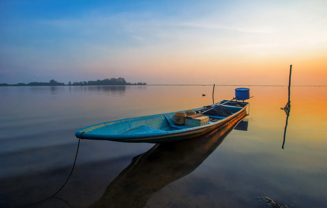 Photo wallpaper sunset, lake, boat
