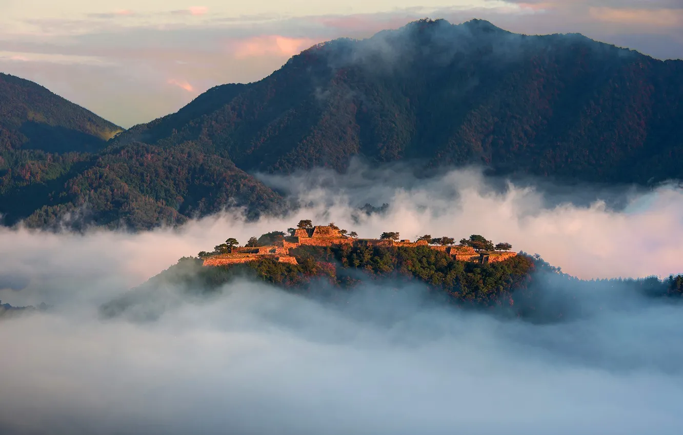 Photo wallpaper Japan, sky, trees, landscape, nature, mountains, clouds, sunrise