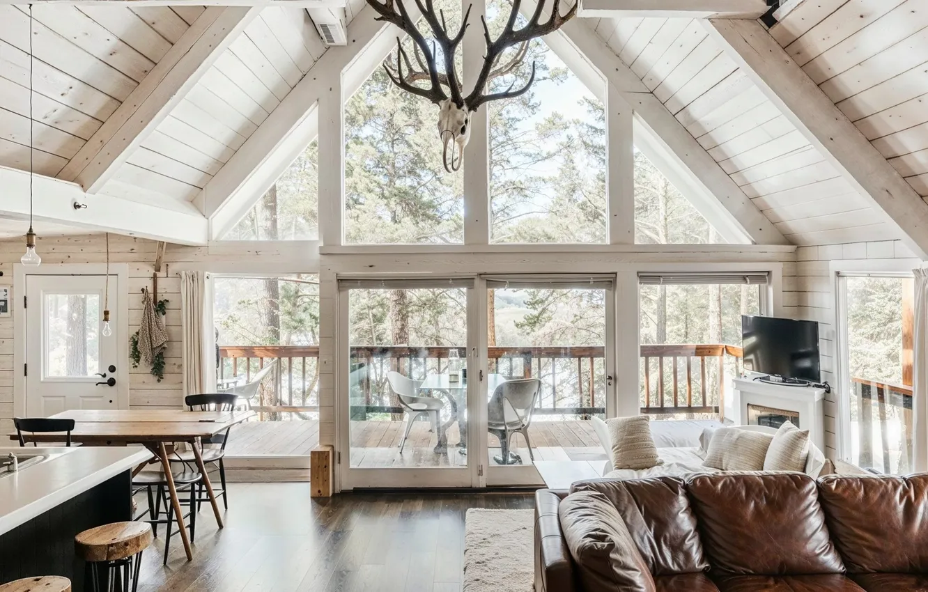 Photo wallpaper design, style, interior, kitchen, fireplace, living room, dining room, country house