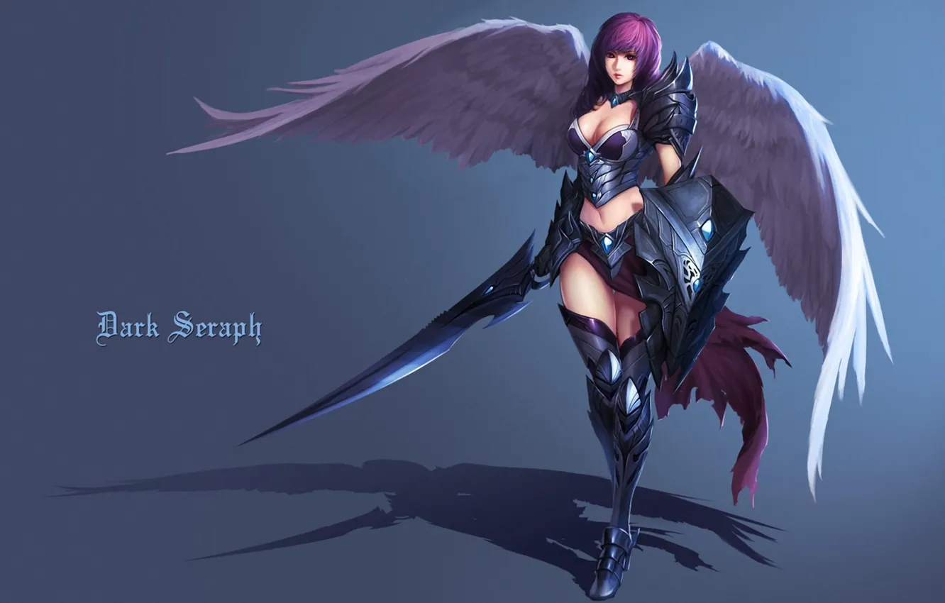 Photo wallpaper girl, background, wings, sword, fantasy, shield