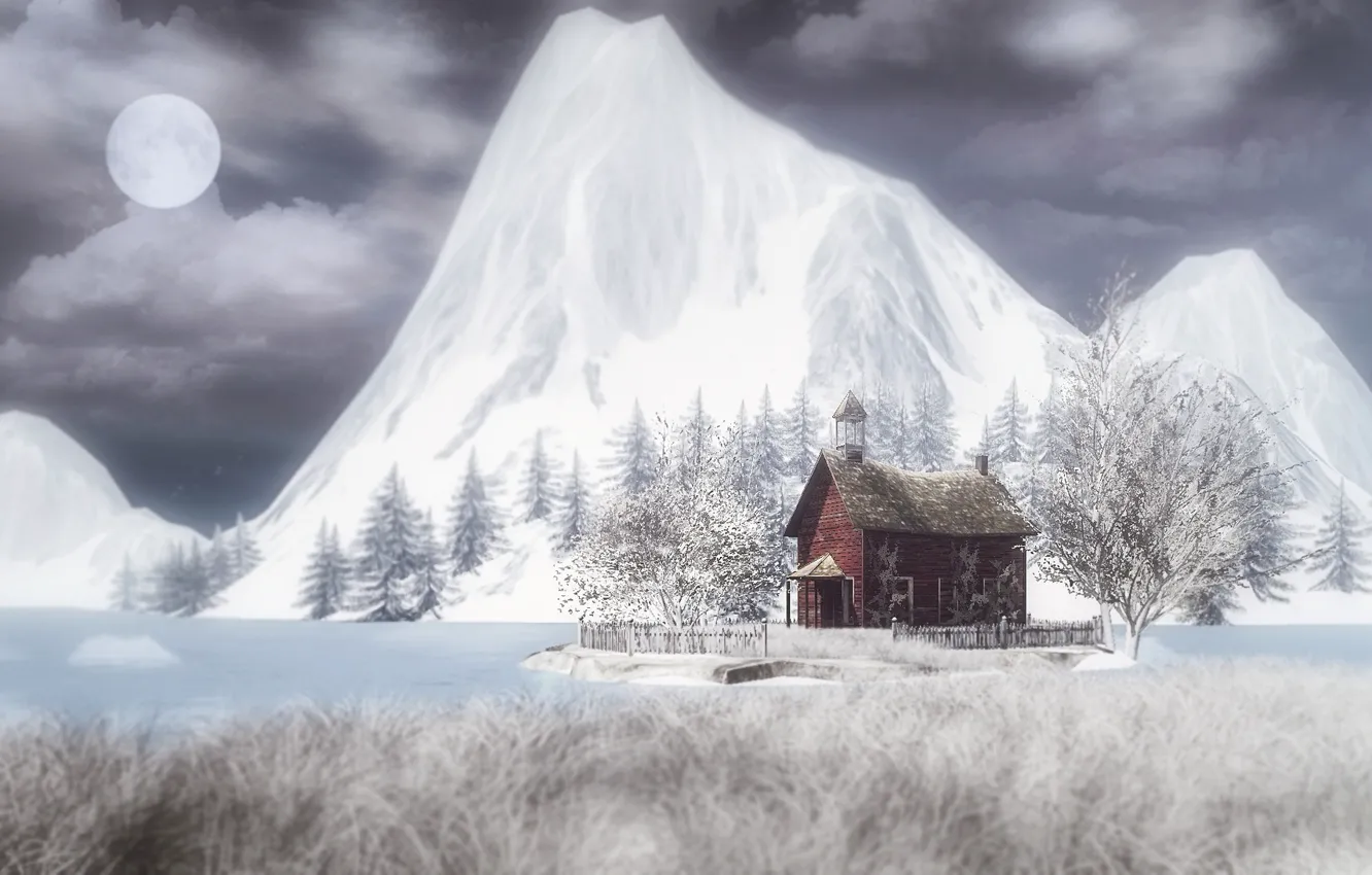 Photo wallpaper winter, mountains, night, the moon, house