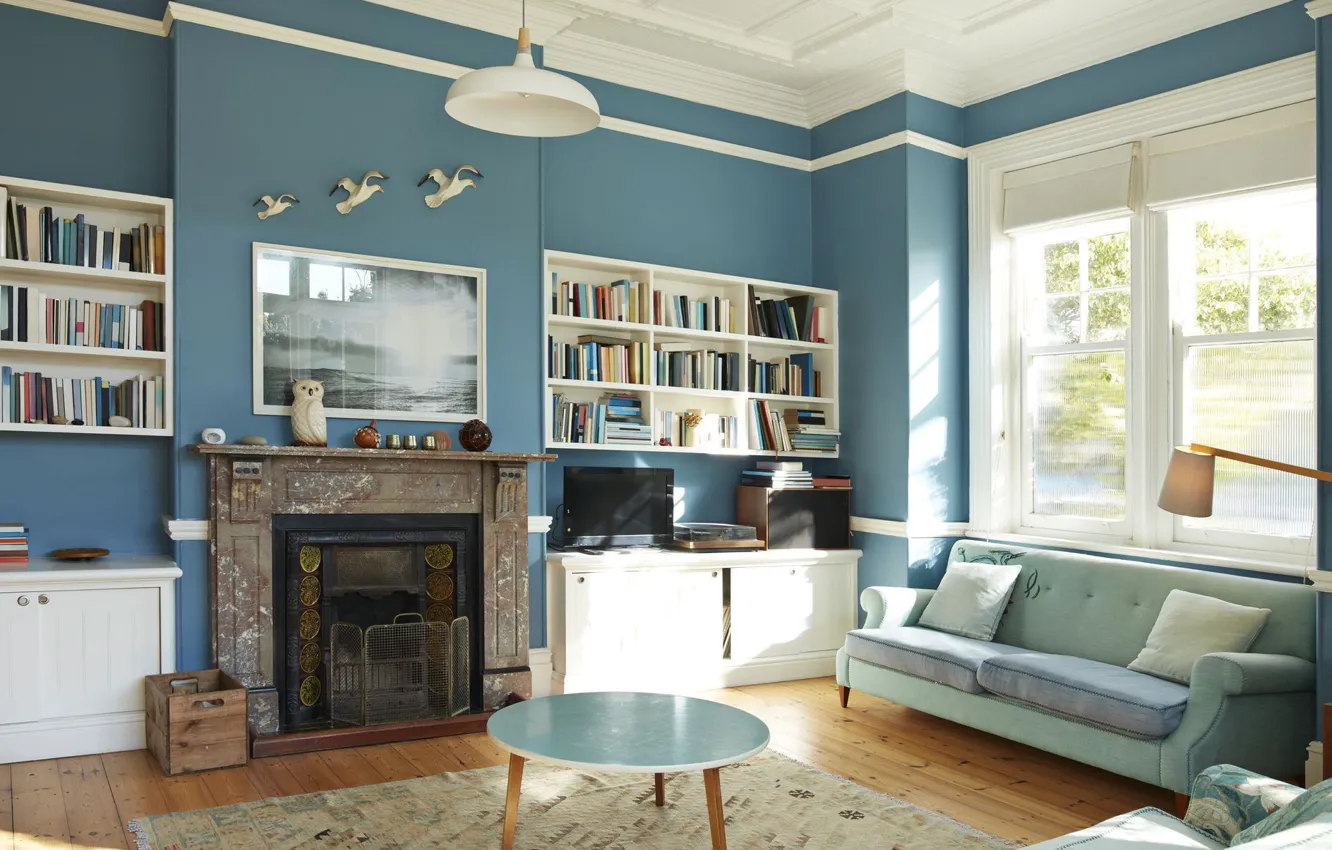 Photo wallpaper design, style, interior, fireplace, library, living room