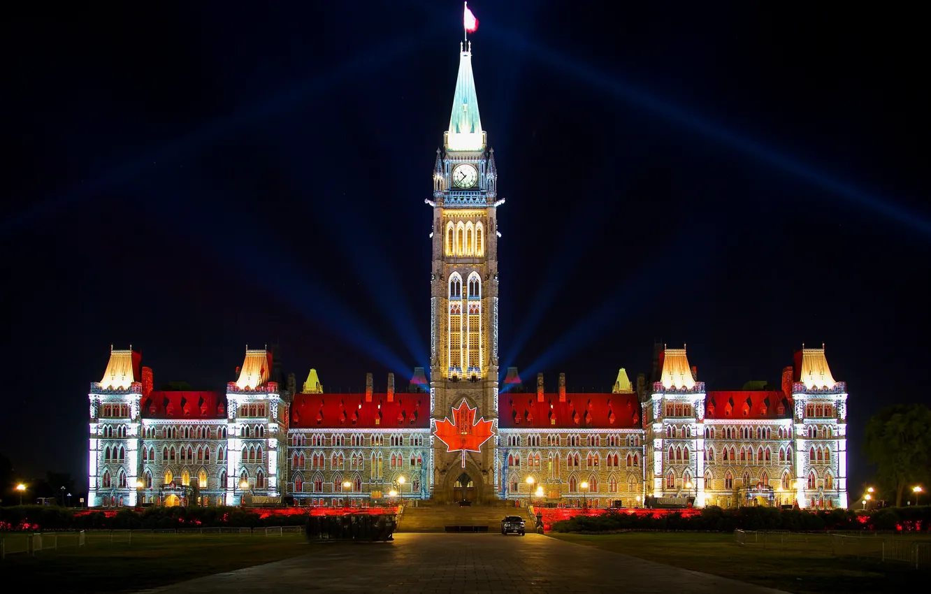 Photo wallpaper night, lights, watch, tower, Canada, lights, rays of light, Palace