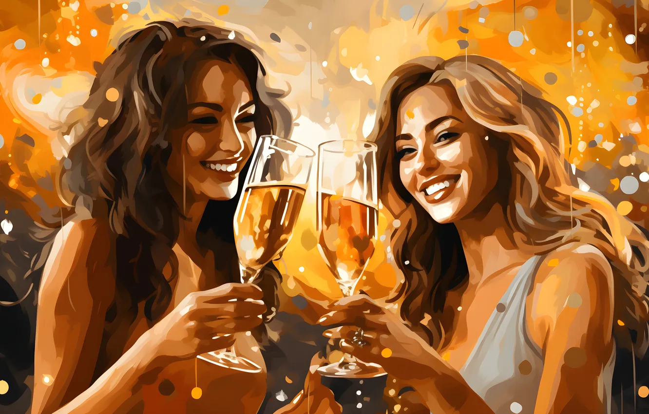 Photo wallpaper girl, joy, smile, hair, glass, new year, Christmas, champagne