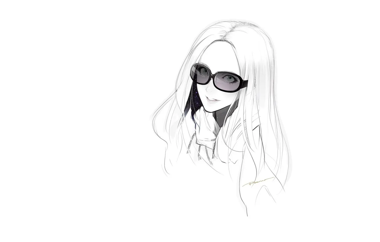 Photo wallpaper face, smile, figure, sketch, white background, long hair, sunglasses, portrait of a girl