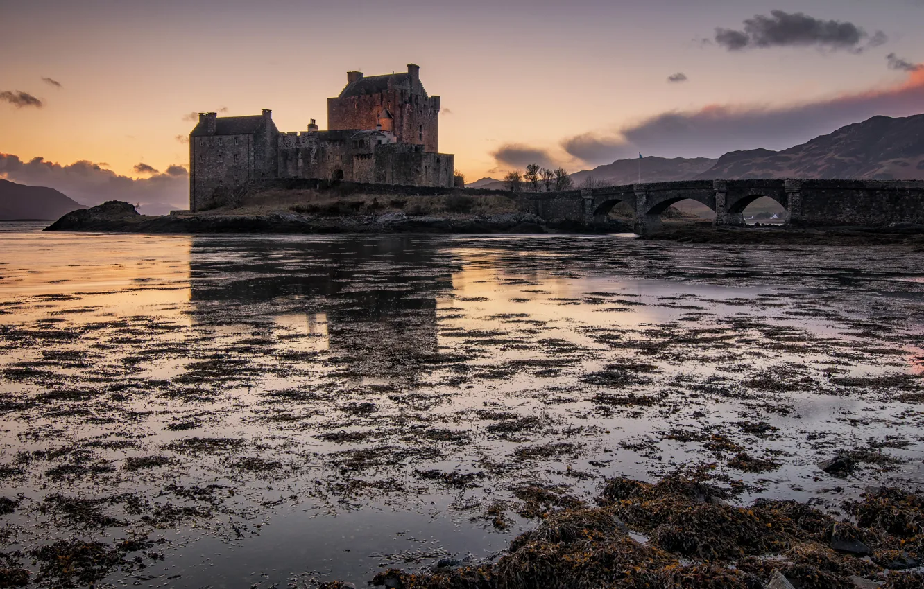 Photo wallpaper the sky, sunset, bridge, castle, shore, the evening, Scotland, pond