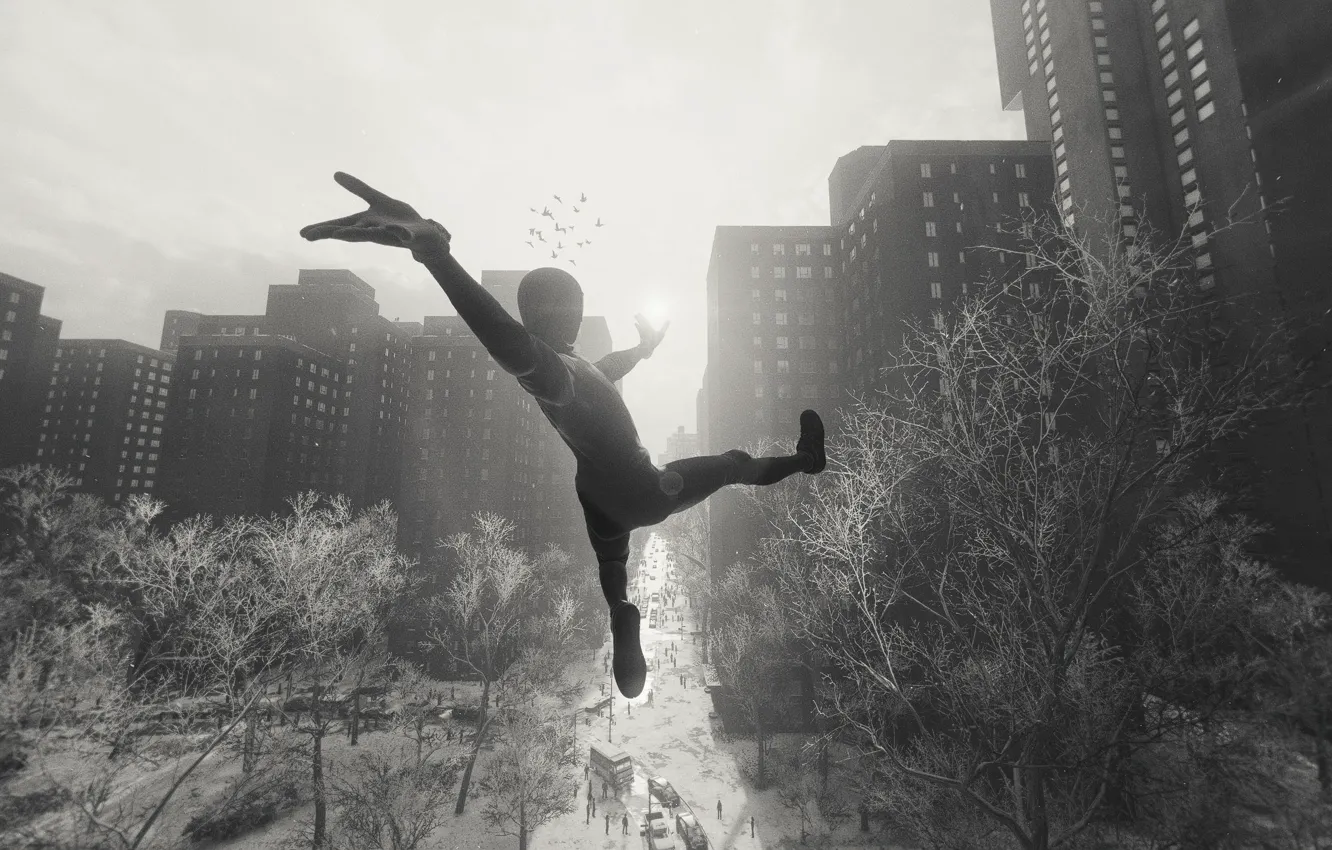 Photo wallpaper black and white, Marvel, spider-man, Spider Man, Miles Morales