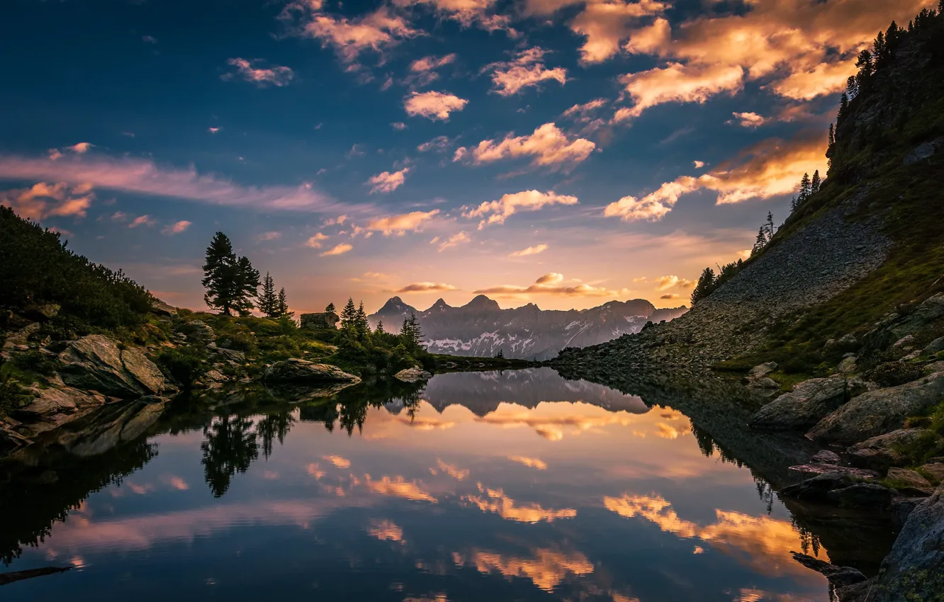 Photo wallpaper the sky, mountains, lake, reflection, dawn, morning, Austria, Alps