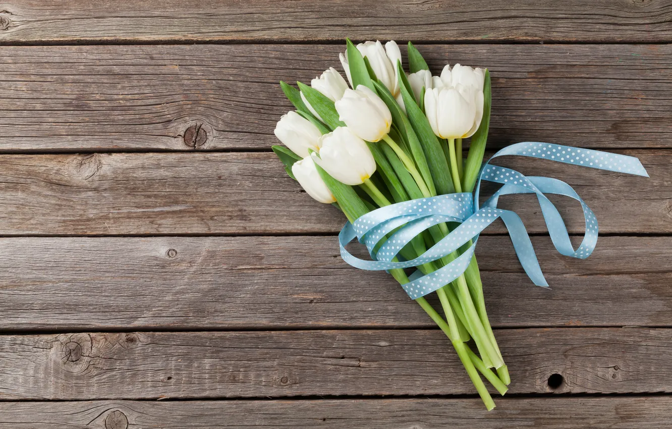 Photo wallpaper flowers, bouquet, tulips, white, wood, flowers, tulips, spring
