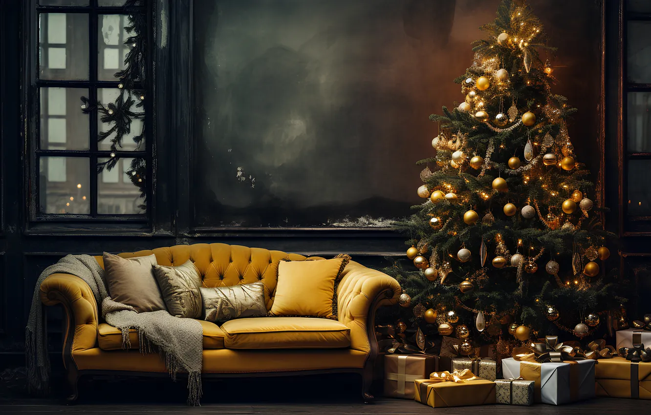 Photo wallpaper decoration, room, gift, balls, tree, new year, interior, Christmas