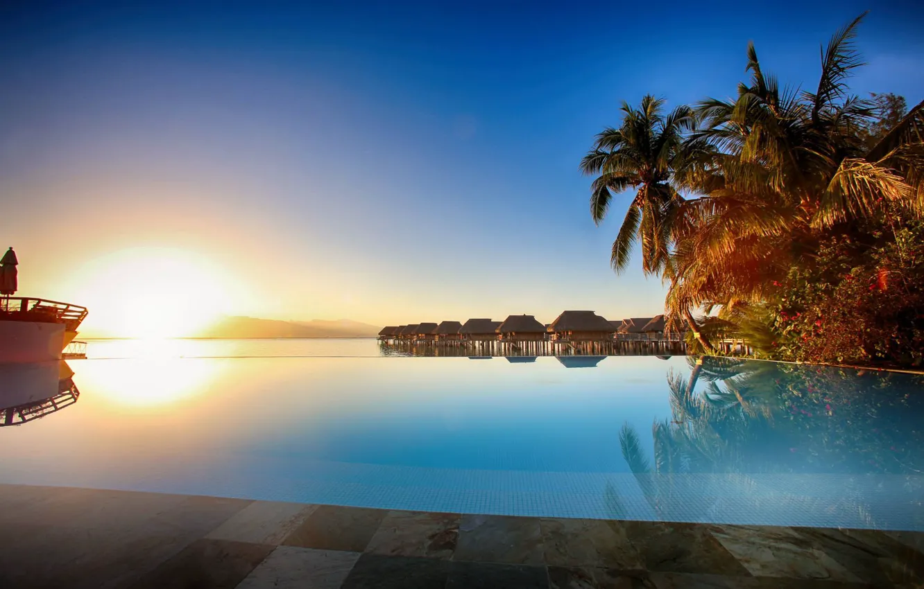 Photo wallpaper the ocean, the evening, pool, pool, Bungalow, sunset, Moorea, south polynesia