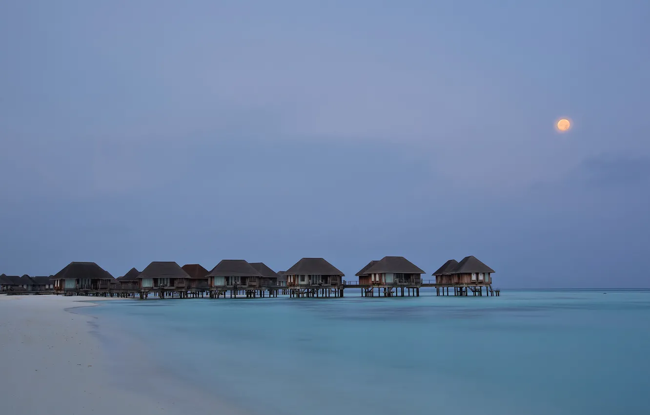 Photo wallpaper sunset, stay, Paradise, The Maldives, Bungalow, The Indian ocean