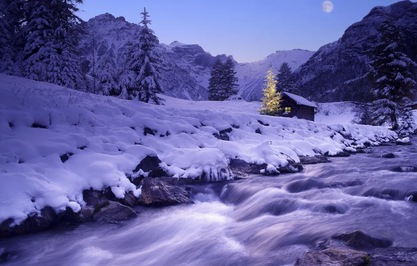 Photo wallpaper winter, snow, river, tree