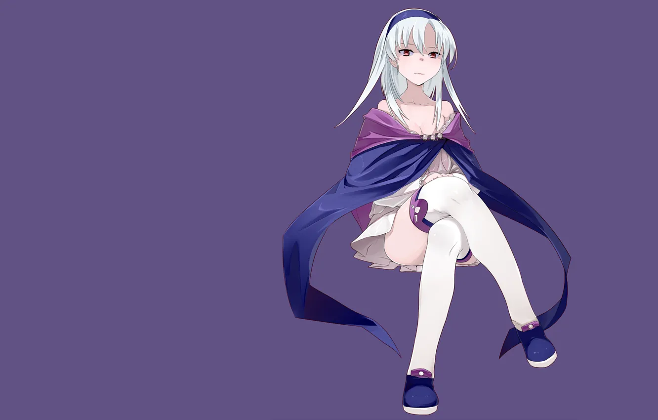 Photo wallpaper girl, minimalism, anime, severely, purple background, girl sitting