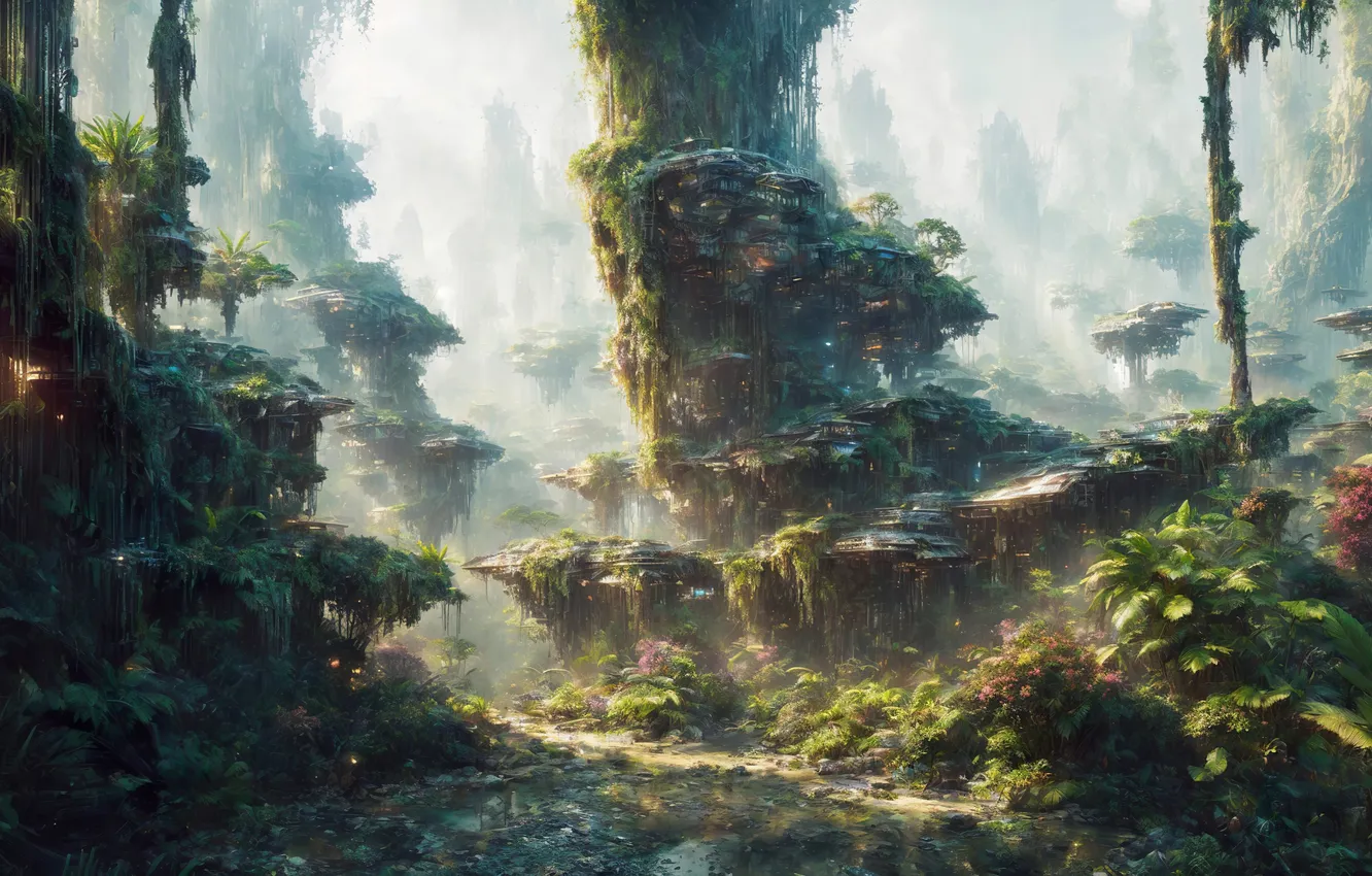 Photo wallpaper landscape, jungle, nature, art, fantastic, digital art, futuristic, Lost City