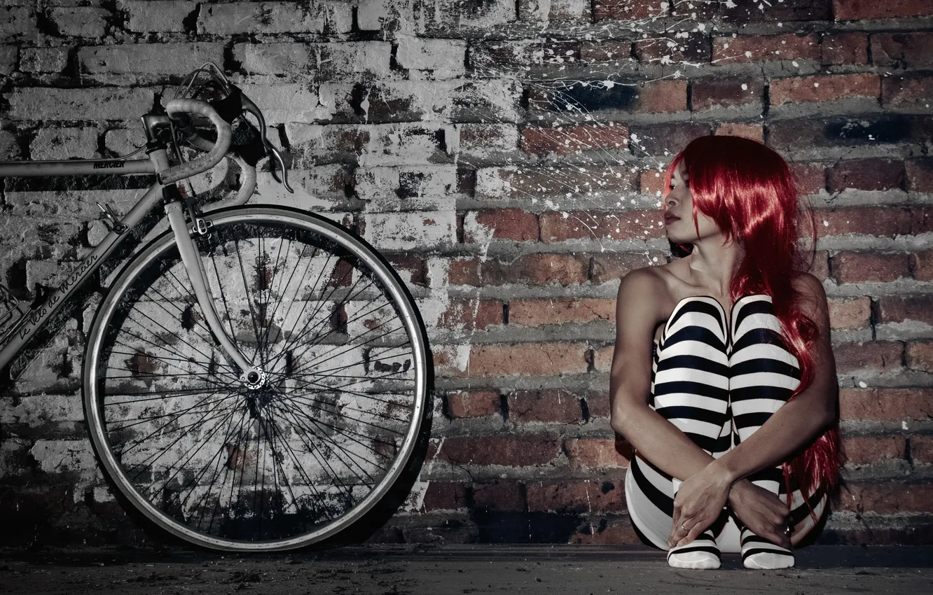 Photo wallpaper girl, bike, wall
