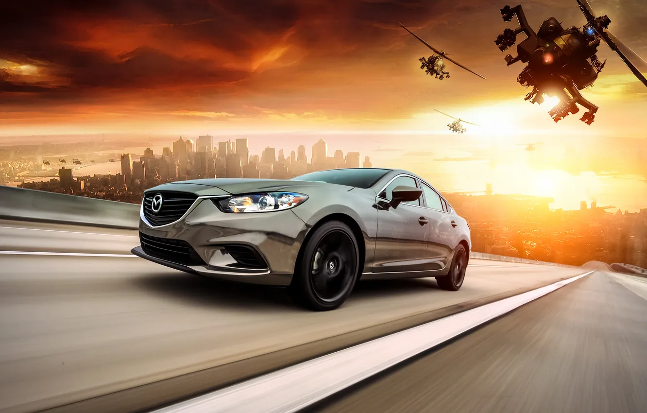 Photo wallpaper glare, chase, Mazda, helicopters. the sun