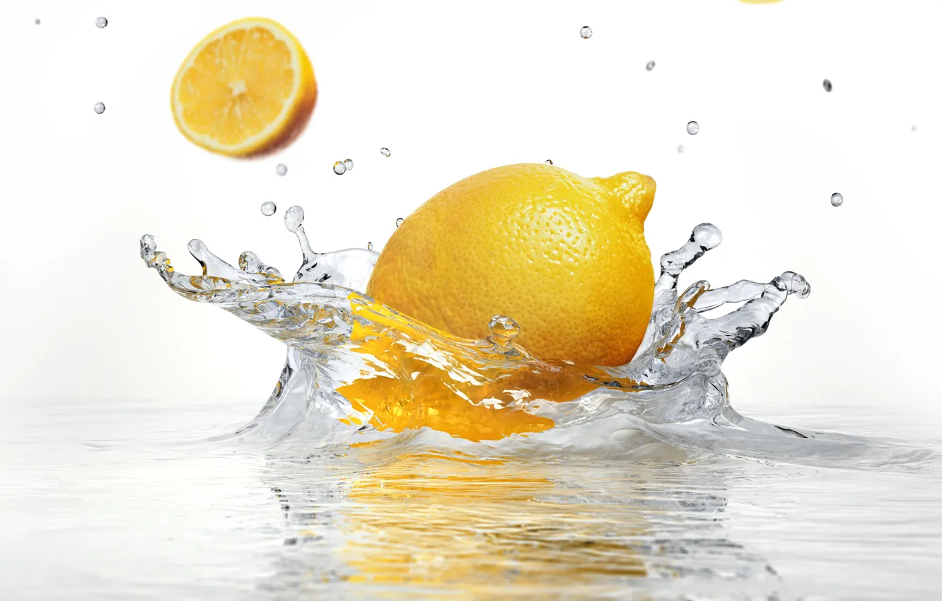 Photo wallpaper water, squirt, lemon, white background, lemon, water, white background, sprays