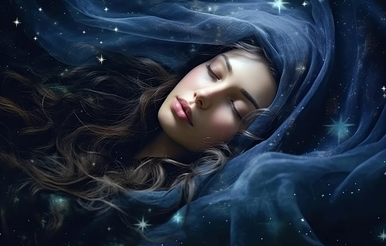 Photo wallpaper girl, stars, night, face, sleep, brunette, sleeping, fabric