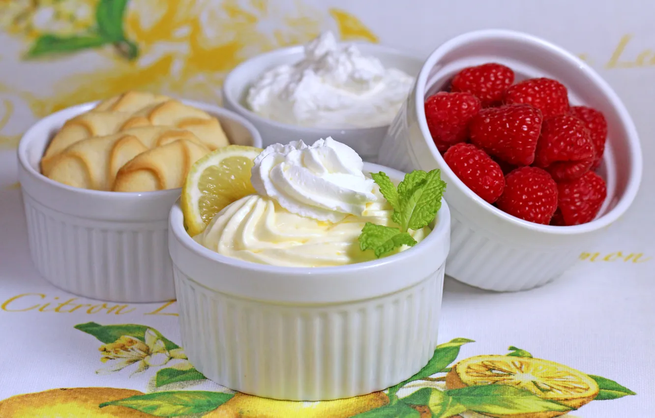 Photo wallpaper berries, raspberry, background, widescreen, Wallpaper, lemon, food, cookies