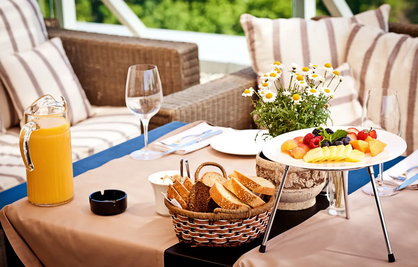 Photo wallpaper berries, raspberry, table, glass, food, chamomile, Breakfast, blueberries