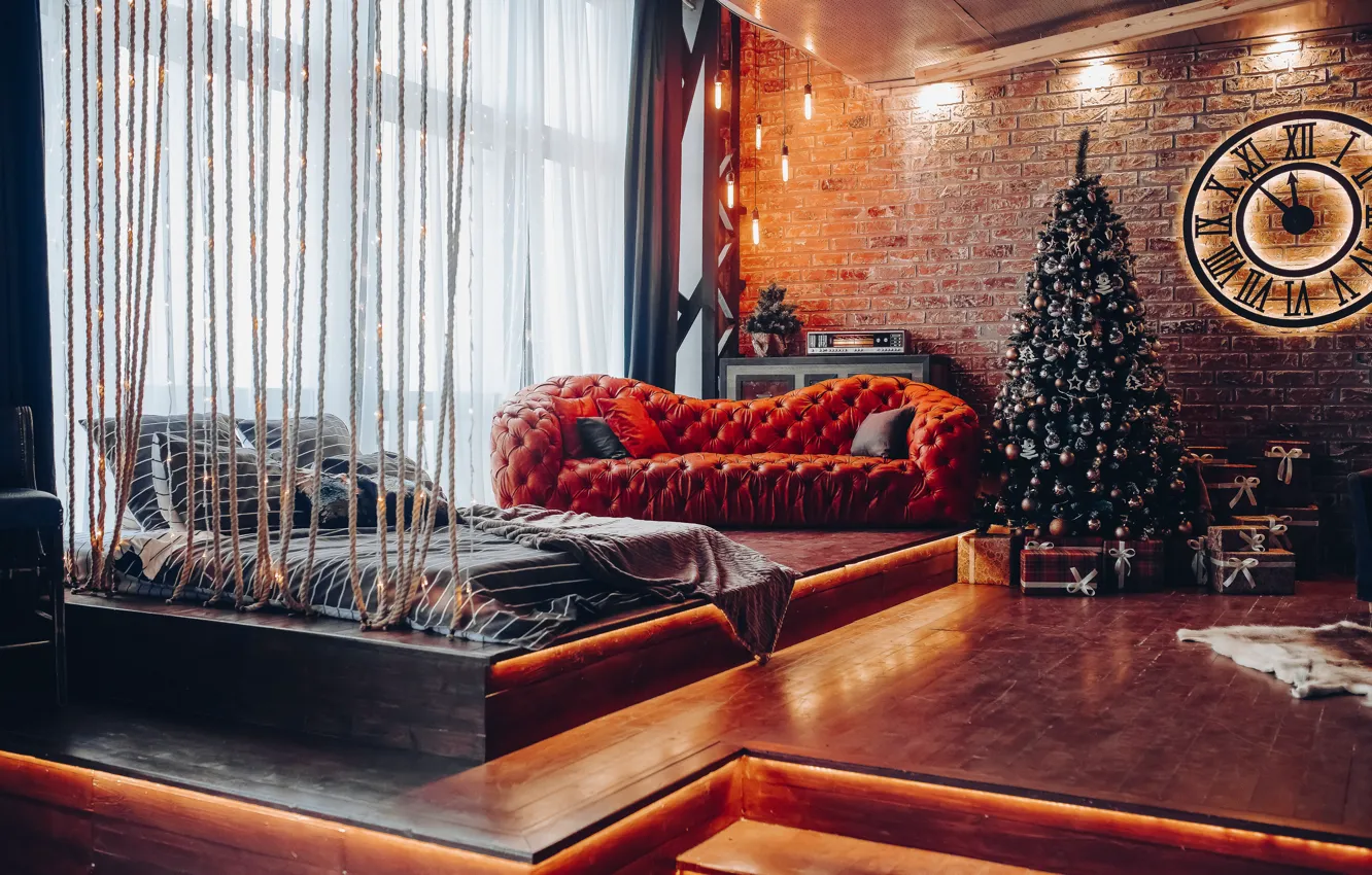 Photo wallpaper sofa, tree, Christmas, gifts, New year, new year, Christmas, design