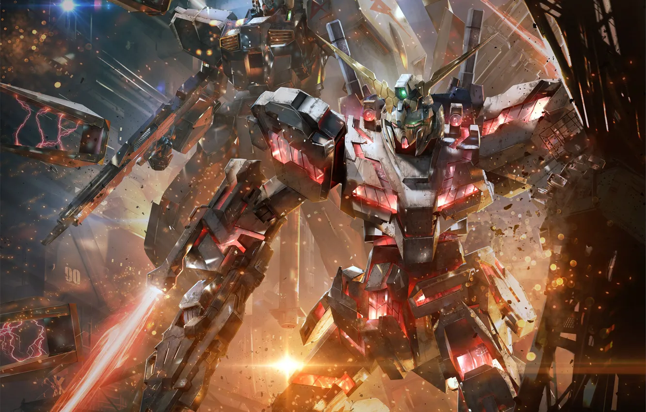 Photo wallpaper fire, flame, sword, gun, robot, mecha, weapon, war
