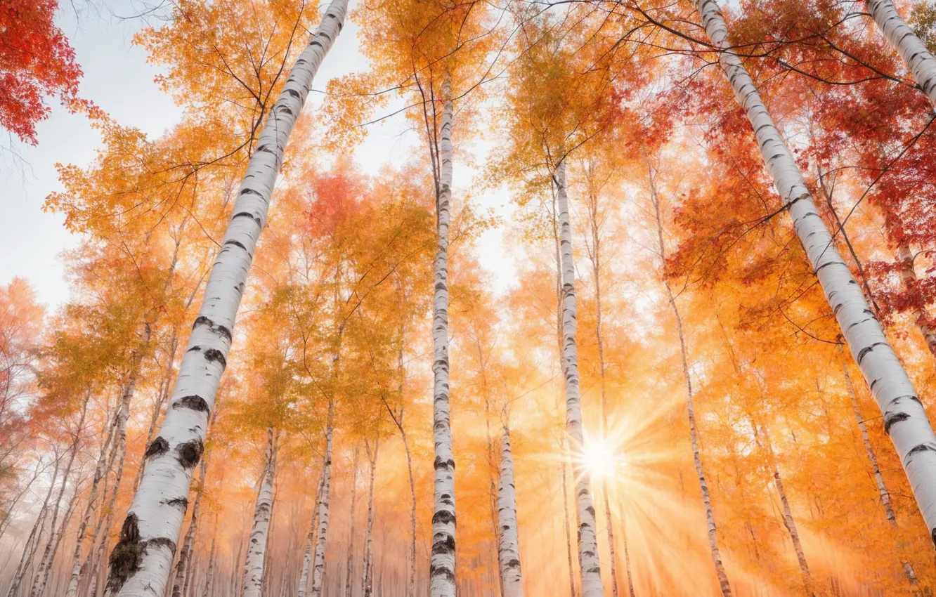 Photo wallpaper autumn, forest, the sun, rays, light, trees, branches, nature
