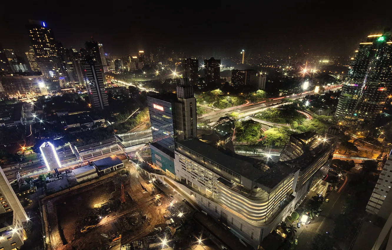Photo wallpaper night, lights, home, Indonesia, the view from the top, street, Jakarta