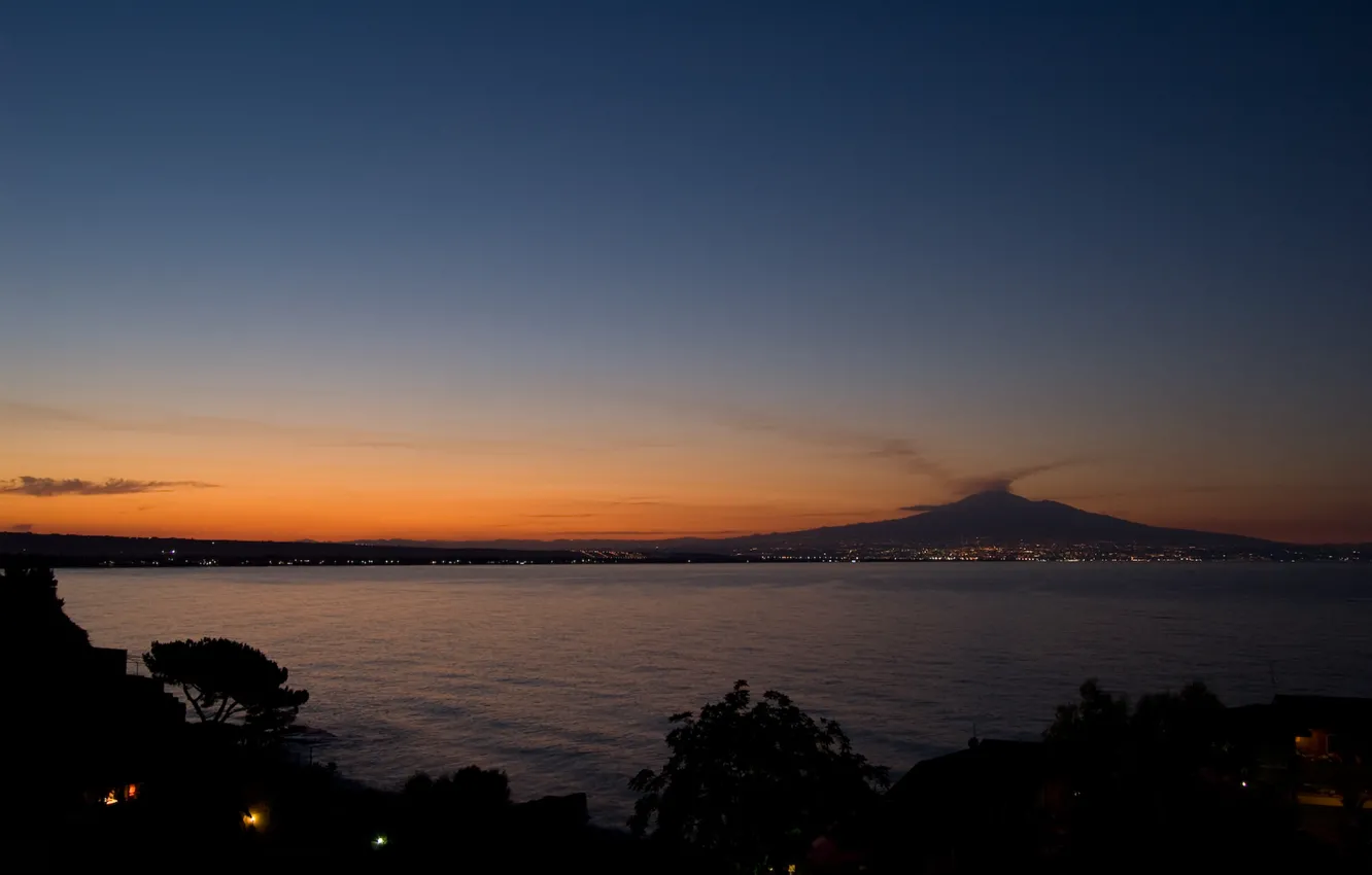 Photo wallpaper Italy, Sunset, Lights, Sea, Etna, Sicily, Catania