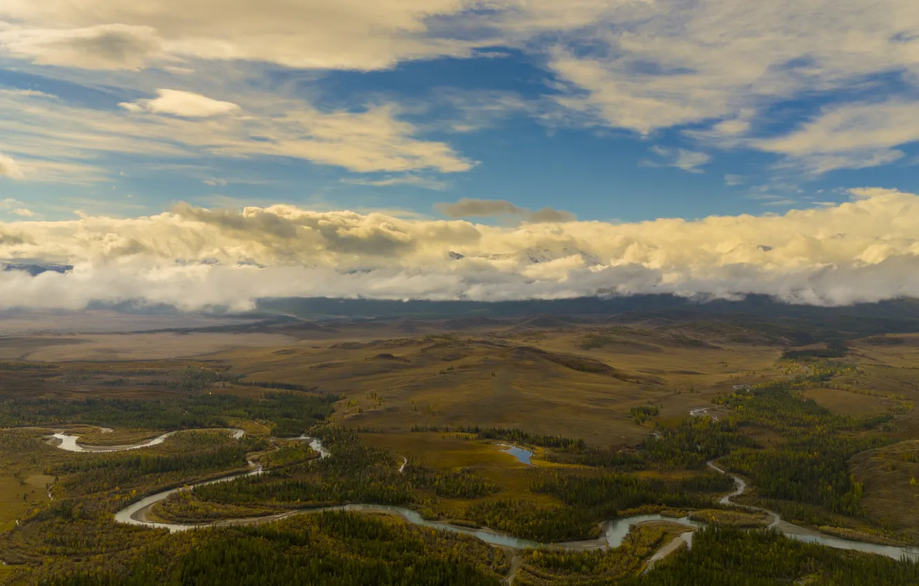 Photo wallpaper clouds, river, beauty, horizon, space, Kurai steppe, Chuya meanders, Dmitry Kovalev