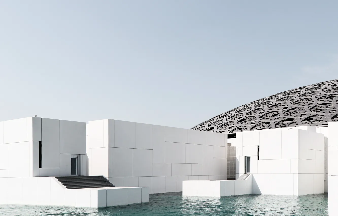 Photo wallpaper construction, stage, architecture, pond, Minimalist Look at the Abu Dhabi Louvre